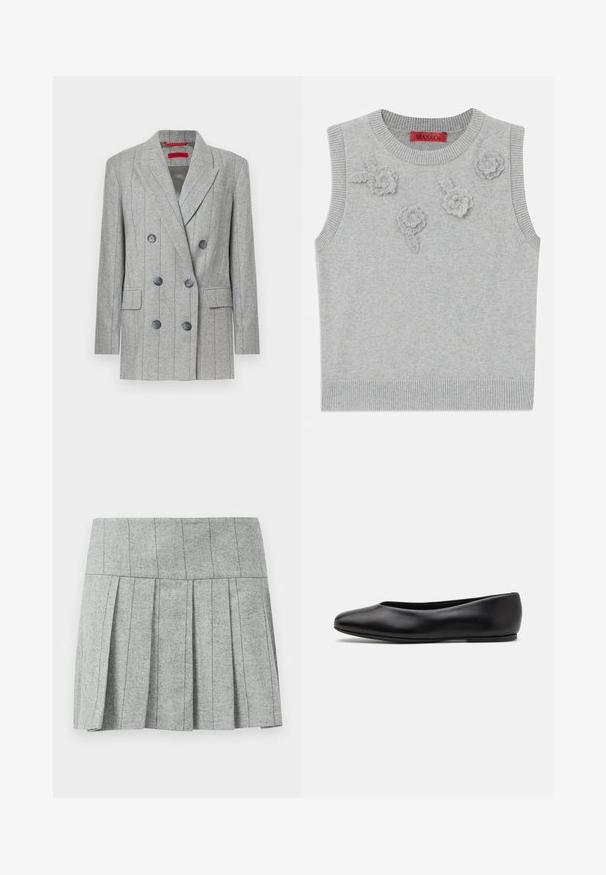 Grey double-breasted blazer with vertical pinstripes, six black buttons, notch lapels, flap pockets, and a red brand label inside collar.; Light grey sleeveless sweater with a ribbed neckline and hem. Features three textured floral appliqués on the front. Brand label: MAX&Co.; Gray pleated skirt made from herringbone-patterned fabric; features a structured waistband and a straight cut at the bottom.; Paul Smith TOPANGA - Ballet pumps - black