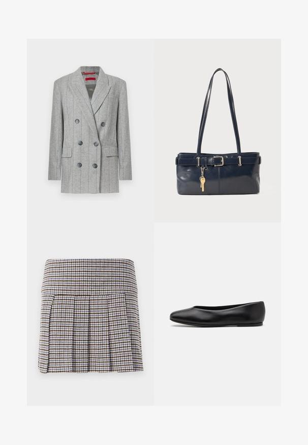 Grau gestreifter, doppelt geknöpfter Blazer mit vertikalen Streifen, sechs schwarzen Knöpfen, Reverskragen, Klappentaschen und einem roten Markenlabel im Kragen.; Marineblauer Pullover mit klassischem Rundhalsausschnitt, gestreiften Rippbündchen und Saum. Hergestellt aus weichem Stoff mit glatter Textur.; Faltenrock in einem braun-beige-blauen Karomuster. Hergestellt aus einem strukturierten Stoff mit einer engen Taille und dekorativen Falten.; Paul Smith TOPANGA - Klassischer Ballerina - black; Marineblaue Lederhandtasche mit zwei langen Griffen, einer Schnallen-Detailierung und einem daran befestigten Schlüsselanhänger. Besitzt eine glatte Textur und eine rechteckige Form.