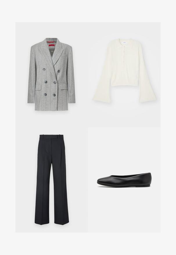 Blazer grigio doppiopetto con righe verticali, sei bottoni neri, rever a lancia, tasche a pattina e un'etichetta rossa del marchio all'interno del colletto.; Polo shirt a coste di colore crema con maniche lunghe e svasate e placket con cinque bottoni. Presenta un colletto con una texture morbida.; Pantaloni a righe blu scuro con vita alta, design a gamba larga e senza hardware o decorazioni visibili. Tessuto liscio e vestibilità sartoriale.; Paul Smith TOPANGA - Ballerine - black