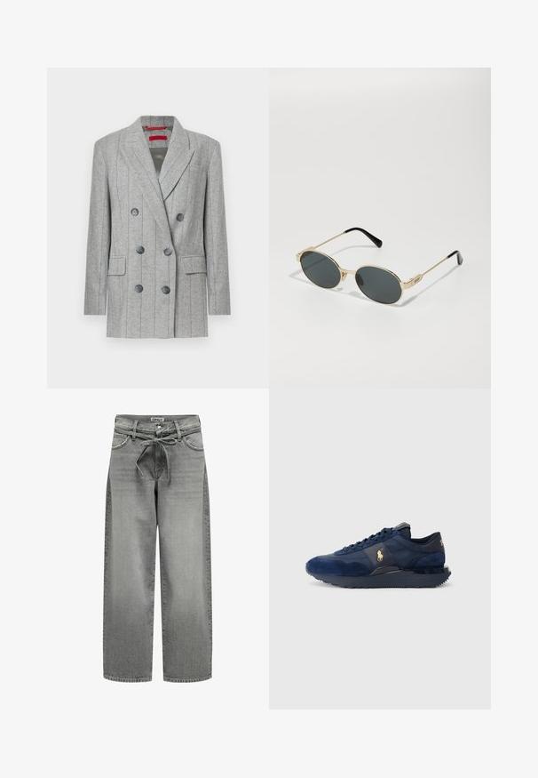 Blazer gris de doble botonadura con rayas verticales, seis botones negros, solapas con muesca, bolsillos de solapa y una etiqueta de marca roja en el interior del cuello.; Camisa blanca de botones hecha de algodón suave con un cuello clásico, que presenta un dobladillo recto y botones beige en la parte delantera.; Vaqueros de mezclilla gris de pierna ancha con una cintura ajustable con cordón y bolsillos delanteros. La tela presenta una ligera textura y un acabado desgastado.; Zapatillas deportivas azul marino con materiales de ante y malla, con suela de goma, diseño de cordones y un acento de logo dorado.; Gafas de sol de metal dorado con lentes ovalados y oscuros. Puntas de acetato negro en las patillas. Nombre de la marca "QUAY" en el lateral.; Bolso tote negro hecho de tela, con un logotipo embellecido destacado en un diseño circular. Textura suave con acentos de cuero en contraste.