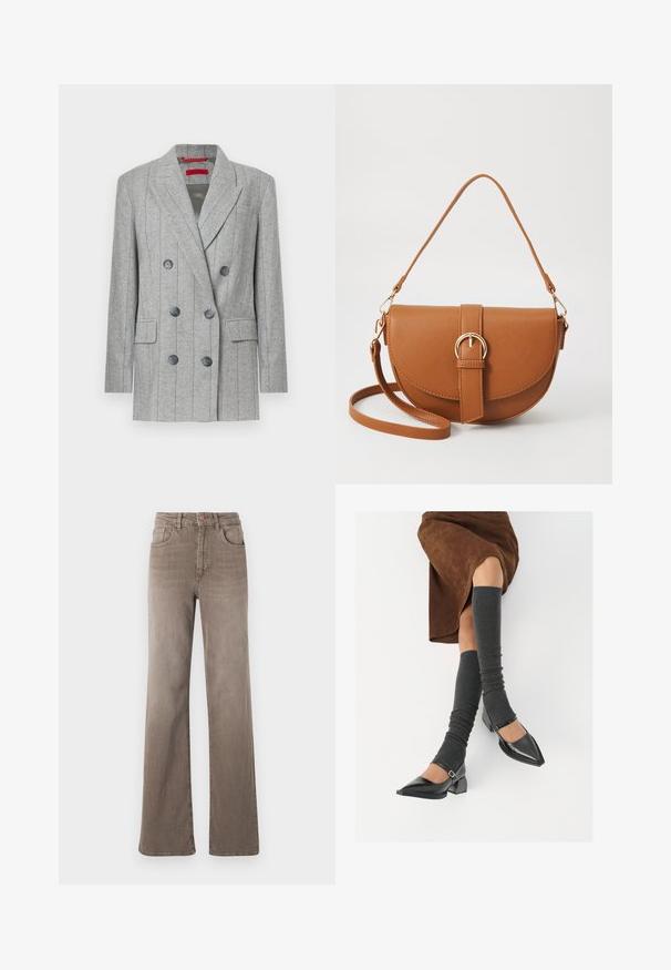 Sacou gri cu dublu rând de nasturi, cu dungi verticale, șase nasturi negri, rever cu tăietură, buzunare cu clapă și un eticheta roșie a mărcii pe guler.; Bluză cu mânecă scurtă, de culoare crem, cu un model texturat în valuri. Decolteu rotund și detalii subtile de plisare la mâneci. Material ușor.; Jeans maro cu talie înaltă, drept, cu buton frontal, bucle pentru curea și design clasic cu cinci buzunare, pe un fundal alb.; Pantofi negri din piele lacuită, cu vârful ascuțit, toc bloc și curea la glezna, asortați cu jambiere gri cu nervuri și o fustă din suede maro.; Geantă din piele maro, tip crossbody, cu o formă curbată, accesorii aurii și un accent cu cataramă. Dispune de un curea de umăr detașabilă.