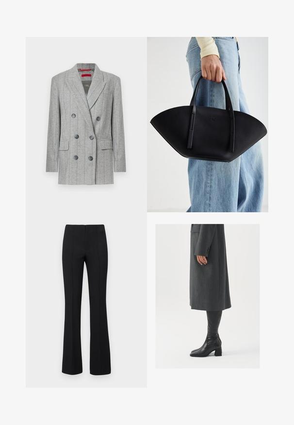 Sivý dvojradový sako s vertikálnymi prúžkami, šiestimi čiernymi gombíkmi, klopami, vreckami s chlopňou a červenou značkovou nášivkou vo vnútri goliera.; Čierne tričko s krátkym rukávom vyrobené z mäkkého bavlneného materiálu. Má okrúhly výstrih a priliehavý strih. Hladká textúra bez vzorov alebo akcentov.; Čierne rozšírené nohavice s rebrovanou textúrou a priliehavým pásom. Dizajn obsahuje vertikálne švy pre štíhly vzhľad. Žiadne viditeľné kovové prvky.; Sivý, strihovo upravený kabát so rovnými líniami; doplnený o čierne kožené čižmy po kolená s štvorcovou špičkou a robustným podpätkom.; Čierna kožená kabelka s jedinečným tvarom ventilátora, so plochými držadlami. Povrch má štruktúru s brúseným efektom a minimalistic design.