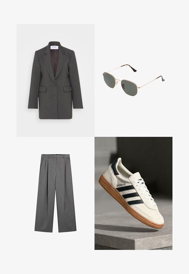 Grijze blazer met een getailleerde pasvorm, voorzien van gezakte revers, twee voorkruiszakken en twee knopen aan de voorkant. Gevoerde binnenkant in een donkere tint.; Grijze kabelgebreide trui met lange mouwen, een geribbelde zoom en een ronde hals. Kleine logo-accent op de borst.; Grijze wijde broek met verticale streepdessin, geplooide voorkant en een tailleband ontworpen voor comfort. Gladde stof en op maat gemaakte snit.; Witte suède sneakers met marineblauwe strepen, rubberen gumzool, gestructureerde bovenkant, ronde neus en veters; heeft branding aan de zijkant en op de tong.; Gouden metalen zonnebril met donkergroene lenzen, aviator-stijl, met slanke scharnieren en schildpad-accenten op de uiteinden.
