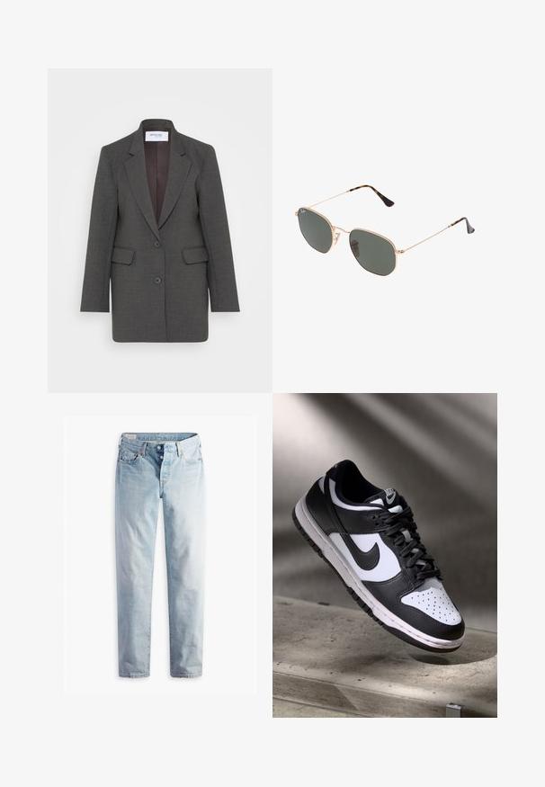 Siv blazer z običajnim krojem, ki ima zavihke, dve sprednji žep in dva sprednja gumba. Podložen notranji del v temnejši odtenek.; Črn dolg rokav z naramnicami, izdelan iz mehkega materiala, z V-izrezom, skrajšano dolžino in zavitim vozlom ob strani za zapiranje.; Svetlo modri kavbojki z ravnim krojem, dvema sprednjima žepoma in dvema zadnjima žepoma. Vključuje zaponko na dva gumba in subtilno šivanje.; Črno-bel Nike Dunk Low čevelj z usnjenim zgornjim delom, perforiranim prstnim delom in črnimi vezalkami, z belim podplatom in logotipnimi detajli.; Sončna očala z zlatim kovinskim okvirjem in temno zelenimi lečami, aviatorskega sloga, z vitekimi ročaji in želvovim vzorcem na konicah.