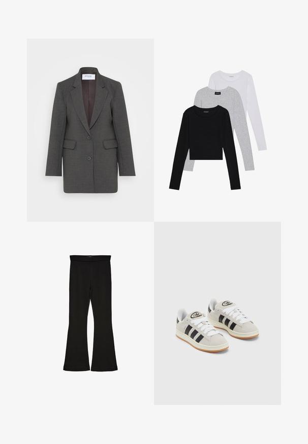 Pelēks žakets ar piegriezumu, piedāvā neizteikta ielaušanās, divām priekšējām kabatām un divām priekšējām pogām. Oderējums tumšākā tonī.; Trīs garām piedurknēm veidotas augšdaļas, sakrautās: melna, pelēka un balta. Katram ir noapaļots kakla izgriezums un īsa dizaina forma ar gludu, vieglu audumu.; Melnas flared leggings, kas izgatavotas no stiepjama auduma. Iezīmējas ar platu jostasvietu un gludu tekstūru, ar pieguļošu siluetu, kas paplašinās pie apakšmalas.; Pelēkas zamšādas kedas ar baltām saites, melnām svītrām un baltu gumijas zoli. Raksturīga apļa logo uz mēles un gumijas zole.