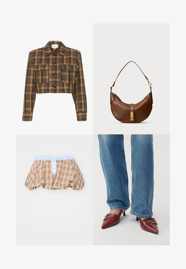 Skraćena jakna s žuto-smešanim karo uzorkom, crnim dugmadima, dvije prednje džepove i šiljastim ovratnikom. Materijal od mješavine pamuka.; Karirano strapless top u svijetlo bež boji s tamnocrvenim i zelenim uzorkom. Ima četiri gumba naprijed i dva džepa na prsima.; Karirani pufasti šortsevi u smešanoj, bež i crvenoj boji sa svetloplavim prugastim pojasom i dugmadi na prednjoj strani.; Crvene kožne cipele s uskim vrhom i malom potpeticom, s horizontalnim šavovima i dvije srebrne kopče, kombinirane s plavim trapericama.; Smeđa kožna torba za rame s zakrivljenim oblikom, zlatnim dijelovima, detaljem gornjeg kopčanja i naglaskom na logu. Glatka tekstura s ušivenim rubovima.