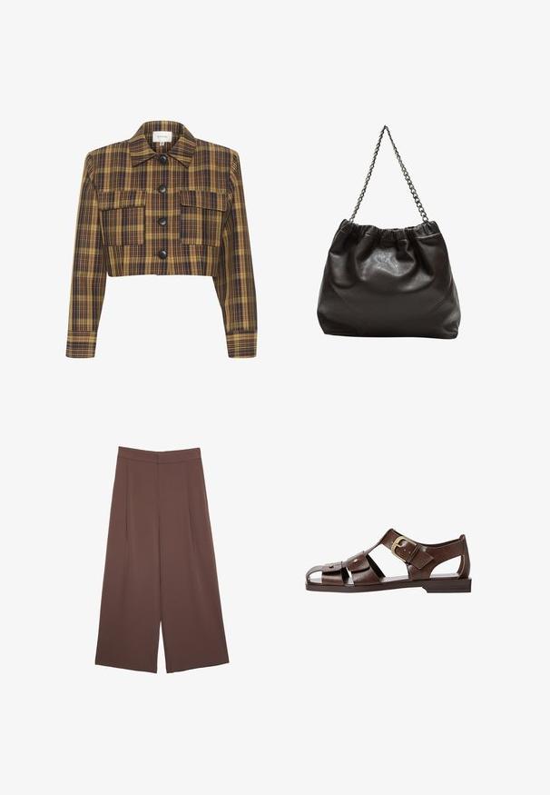 Veste cropped avec un motif écossais jaune et marron, boutons noirs, deux poches avant et un col pointu. Matière en mélange de coton.; T-shirt marron à manches courtes en tissu doux, avec un col rond et une coupe décontractée. Aucun motif ni accent visible.; Pantalons larges marron avec une texture lisse, dotés d'une taille haute et de plis à l'avant. Le tissu est léger et tombe de manière fluide.; Sandale en cuir brun avec un design découpé, boucle ajustable sur le côté et semelle plate, avec des accents en métal et une ouverture au niveau des orteils.; Sac en cuir marron avec un haut froncé et une bandoulière en chaîne. Texture lisse avec une finition brillante et des coutures subtiles sur les côtés.