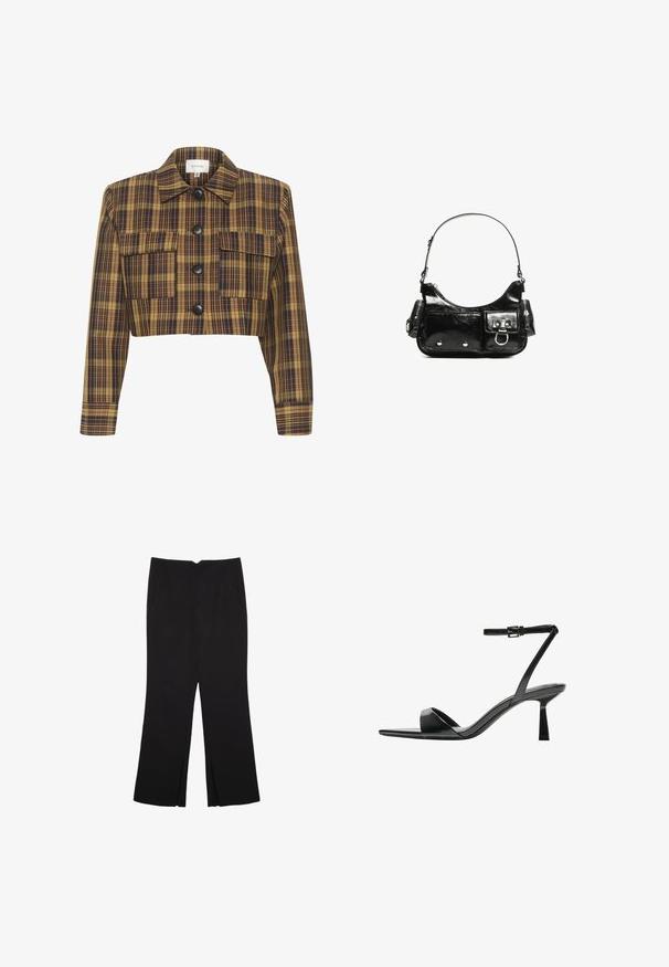 Lyhyt takki, jossa on keltainen ja ruskea ruutukuvio, mustat napit, kaksi etutaskua ja terävä kaulus. Puuvillasekoituksesta valmistettu materiaali.; Lyhythemmtä, pyöreäkauluksista valkoista t-paitaa, joka on valmistettu pehmeästä puuvillasta. Paidassa on yksinkertainen, selkeä muotoilu ilman näkyviä kuvioita tai korostuksia.; Mustat housut suoralinjaisella leikkauksella, joissa on etutaskut ja sivurei'ät helman alla. Valmistettu pehmeästä ja sileästä kankaasta. Sopii eri tilaisuuksiin.; Bershka Korolliset sandaalit - black; Mustekko mustasta kiiltonahasta valmistettu käsilaukku, jossa on kaareva muoto, yksi olkahihna, etutaskut ja hopeanväriset yksityiskohdat.