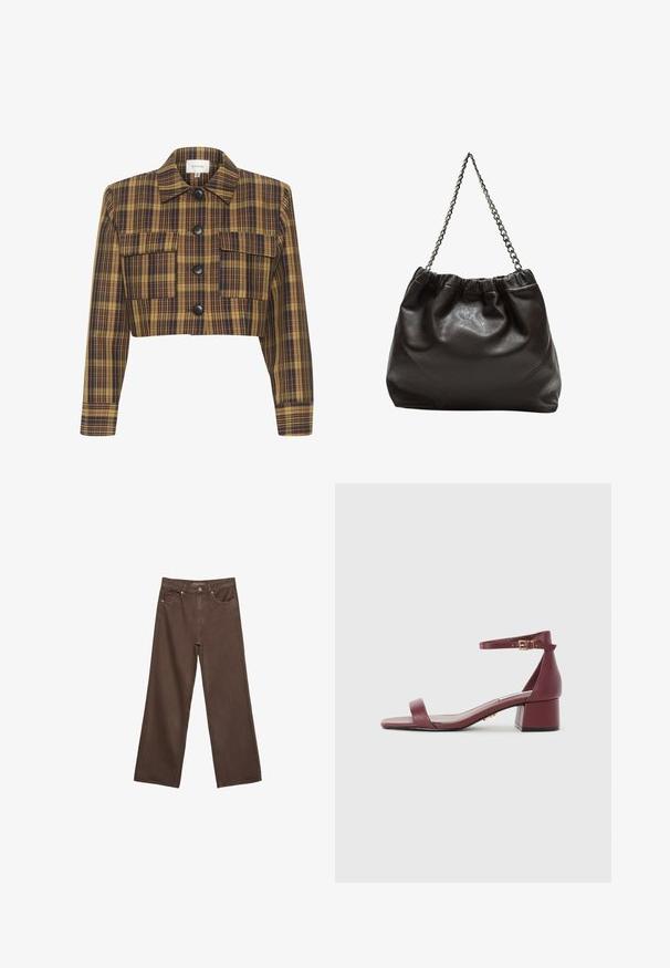 Giacca corta con un motivo a quadri giallo e marrone, bottoni neri, due tasche frontali e un colletto a punta. Materiale in misto cotone.; T-shirt in cotone marrone con maniche corte e scollo a V profondo. Design semplice, texture morbida e orlo dritto. Senza fantasie o dettagli.; Jeans a gamba larga marroni in denim, con vita alta, tasche anteriori e chiusura a bottone classica. Tessuto liscio con cuciture sottili.; Sandalo in pelle bordeaux con punta quadrata, sottile cinturino alla caviglia, accessori in oro e tacco a blocco spesso. Texture liscia e design minimal.; Borsa in pelle marrone con parte superiore arricciata e tracolla a catena. Texture liscia con finitura lucida e dettagli di cucitura sottili sui lati.