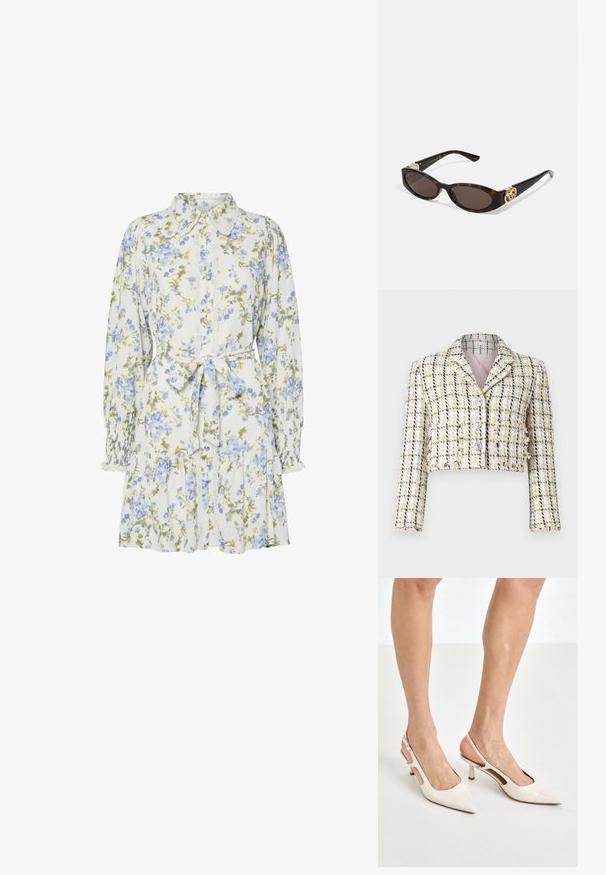 Kurz geschnittene Jacke aus mehrfarbigem Tweed mit Karomuster, ausgestattet mit drei vorderen Knöpfen und einem weichen rosa Futter.; Blumenkleid in Weiß mit blauen und grünen Blumen, mit einem Kragen, durchgehender Knopfleiste, langen Ärmeln mit elastischen Bündchen und einem Taillengürtel.; Beige Lackleder Slingback-Absätze mit spitzem Fuß und 5 cm Absatz, mit ausgeschnittenen Seiten und einem schmalen Knöchelriemen.; Schildpatt-Sonnenbrille mit länglich-ovalen Gläsern, braunem Farbton, goldenen Logo-Akzenten an den Bügeln und schlanken schwarzen Bügeln.; Beige gemusterte Handtasche mit geschwungener Form, Lederakzenten und einem goldfarbenen Logo auf der Vorderseite. Verfügt über einen kurzen Griff für einfaches Tragen.