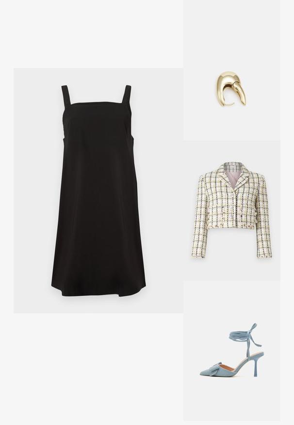 Lühendatud jakk mitmevärvilisest tweedist, millel on ruuduline muster, kolme esipainutusega ja pehme roosa voodriga.; Must mustrõngaga must kleit, mis on valmistatud siledast kangast, vaba lõike ja sirge silueti puhul. Pole nähtavaid mustreid ega metallist elemente.; Kitsas varbaga kõrge kontsaga kingad helesinisest kangast, millel on tekstuuriga viimistlus, kaunistatud paeltega ja pahkluuringiga, tagamaks kindlat sobivust.; Mustmust mustraha kõverate joontega, eemaldatava rihmaga ja kuldsete detailidega. Kotil on klapp, millel on pandladetail.; Kuldtooni metallist kõrvarõngas, millel on elegantne ja kaarjas disain. Omab silmapaistvat teravat kuju, poleeritud pinda ja hingesulgemist.