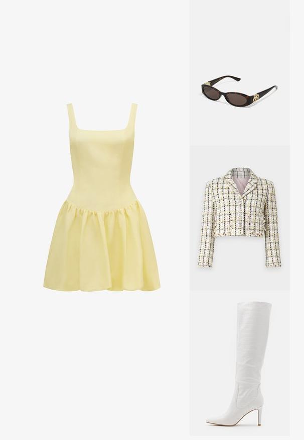 Geknipte jas in veelkleurige tweed met een geruit patroon, voorzien van drie knopen aan de voorkant en een zachte roze voering.; Geel jurkje met vierkante halslijn, dunne schouderbandjes, aansluitend lijfje en een uitlopende, geraffineerde rok. Gemaakt van luchtige stof.; RAID TRIBUTE - Laarzen met hoge hak - white; Schildpadbril met langwerpige ovale lenzen, bruine tint, gouden logo-accenten op de pootjes en slanke zwarte armen.; Parel- en kristallen ketting met een ronde, gehaakte ontwerp in lichte tinten, met afwisselend parels en sprankelende accenten, gedragen om de hals.