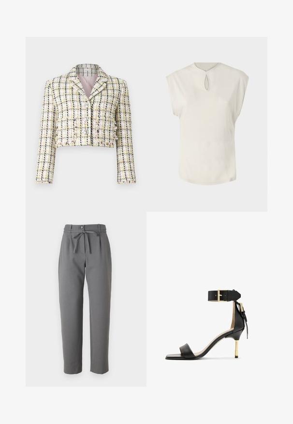 Giacca cropped in tweed multicolore con motivo a quadri, dotata di tre bottoni frontali e di una morbida fodera rosa.; Top bianco a maniche corte con scollatura rotonda e un piccolo dettaglio a chiave nella parte anteriore. Tessuto liscio, vestibilità comoda e orlo leggermente curvato.; Pantaloni grigi a gamba affusolata realizzati in tessuto morbido, dotati di chiusura con bottone e cintura legata in vita. Nessuna tasca visibile.; Sandal con tacco in pelle nera, punta quadrata, cinturino alla caviglia con fibbia dorata e tacco metallico slanciato. Texture liscia, design minimalista.