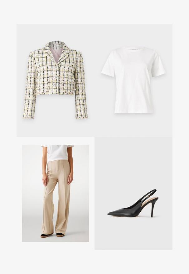 Giacca cropped in tweed multicolore con motivo a quadri, dotata di tre bottoni frontali e di una morbida fodera rosa.; T-shirt bianca in cotone con maniche corte, scollatura rotonda e vestibilità rilassata. Struttura liscia, senza motivi né accenti, design minimalista.; Pantaloni beige a gamba larga realizzati in tessuto morbido, con pinces frontali e vita alta. Abbinati a scarpe flat nere e marroni.; Scarpa con tacco alto a punta in pelle nera, con una texture liscia e un delicato cinturino con una fibbia metallica.