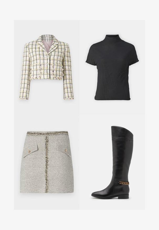 Lyhyt takki monivärisestä tweedistä, jossa on ruutukuosi, kolmonen etupainike ja pehmeä vaaleanpunainen vuori.; Musta lyhythihainen turtleneck-paita, joka on valmistettu kevyestä kankaasta, jossa on sileä rakenne ja tiukka muotoilu, ja siinä on korkea kaulus.; Kudottu tweed-hame valkoisen ja mustan herringbone-kuvion kanssa, jossa on kaksi etutaskua ja kultasävyinen vetoketju takana, jossa on kuluneet reunat.; Pitkiä mustista nahkasaappaista, joissa on tyylikäs muotoilu, terävä kärki ja kultaketjuakseli nilkassa. Matala lohko korko. Sujuva pinta.
