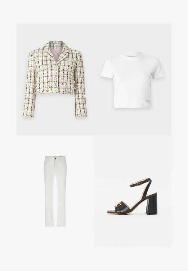 Veste courte en tweed multicolore avec un motif à carreaux, dotée de trois boutons sur le devant et d'une doublure rose douce.; T-shirt blanc court en coton lisse, avec un col haut et des manches courtes. Petit logo brodé dans le coin inférieur.; Jean blanc à coupe slim, design 5 poches et coutures contrastées. Présente une fermeture à bouton et une étiquette de marque discrète à la taille.; Sandales à talons noirs en cuir lisse, avec un bout carré, une sangle à la cheville et un accent doré à l'avant.