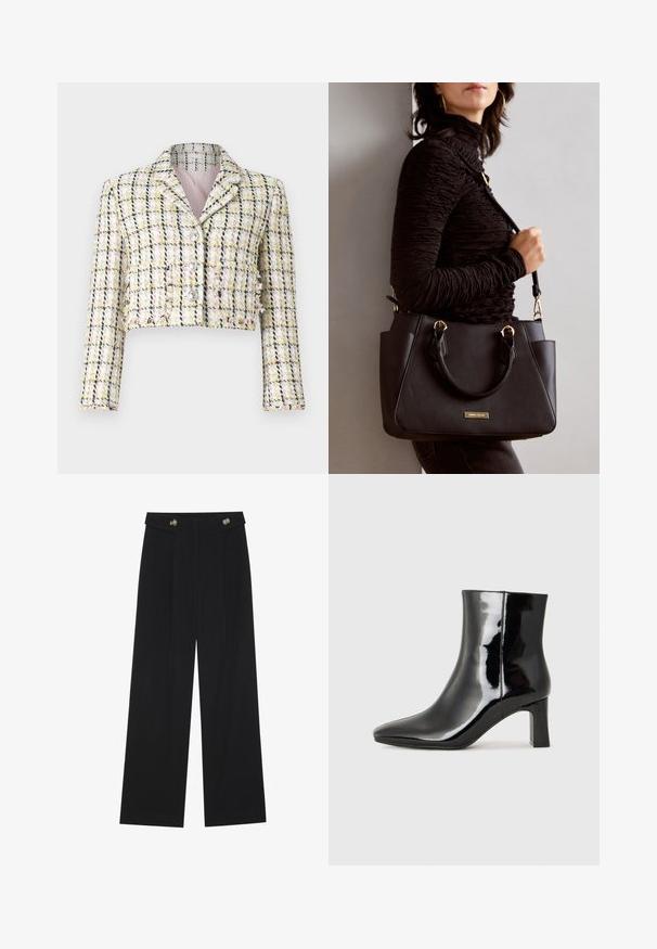 Cropped jacket in multicolored tweed with a checked pattern, featuring three front buttons and a soft pink lining.; Two long-sleeve tops, one black and one white, both featuring a square neckline and made from soft, stretchy fabric.; Black wide-leg trousers with high waist, button details on waistband, and front pleats.; Black patent leather ankle boot with a pointed toe and a mid-height block heel. Smooth texture and minimalist design.; Black handbag with textured surface, dual top handles, and adjustable shoulder strap. Features gold-tone hardware and side pockets.