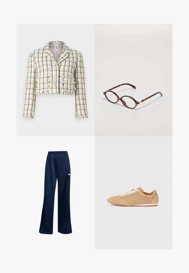Giacca cropped in tweed multicolore con motivo a quadri, dotata di tre bottoni frontali e di una morbida fodera rosa.; T-shirt bianca a maniche corte e scollo rotondo con vestibilità slim, esposta piatta su uno sfondo bianco.; Pantaloni sportivi blu navy realizzati in tessuto morbido, con elastico in vita e dettaglio del logo bianco sul fianco sinistro. Design a gamba dritta.; Sneaker marrone chiaro realizzato in suede e tessuto, con punta arrotondata, lacci bianchi e suola in gomma con finitura testurizzata.; Occhiali da vista in tartaruga con montatura ovale, lenti trasparenti e dettagli dorati. Presentano tempie curve e una finitura liscia e lucida.; Borsa in pelle beige intrecciata con una singola tracolla, caratterizzata da una forma rettangolare e una superficie testurizzata. Inclusi gli accessori per la regolazione della tracolla.