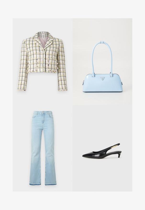 Kort jacka i flerfärgad tweed med rutmönster, med tre framknappar och en mjuk rosa foder.; Svart bomullströja med rund halsringning, korta ärmar och en broderad logotyp på bröstet. Enkel, avslappnad passform utan mönster.; Ljusblå utsvängda jeans i denim med hög midja, framfickor och rå kant vid bensluten för en avslappnad stil.; Svart läder slingback-hälar med spetsig tå, med en smal klack och en guldtonad detalj på den justerbara remmen. Slät textur.; Ljusblå handväska med en strukturerad form, slät lädermaterial, två handtag och en triangulär logotyp framtill. Dragkedjestängning.