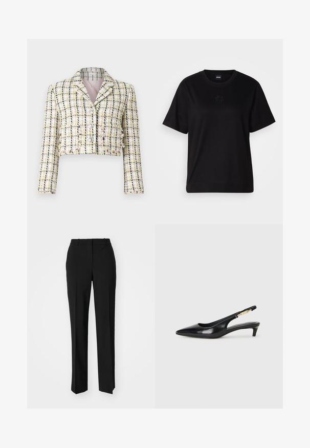 Kort jakke i multicolor tweed med et ternet mønster, der har tre frontknapper og et blødt pink foder.; Sort bomulds t-shirt med rund halsudskæring, korte ærmer og et broderet logo på brystet. Enkel, afslappet pasform uden mønstre.; Sorte skræddersyede bukser med lige ben-design, der har en glat tekstur og skarpe folder langs fronten. Ingen synlige hardware.; Sorte læder slingback hæle med spids tå, der har en slank hæl og en guldfarvet detalje på den justerbare rem. Glat tekstur.