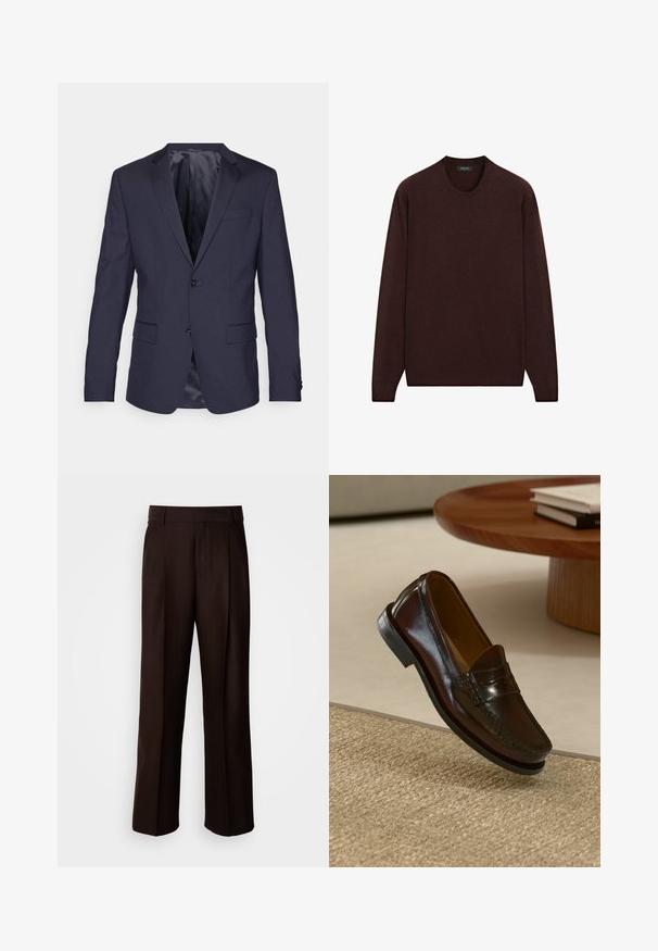 Námořnický modrý sak z hladké tkaniny, se dvěma knoflíky, klopami a dvěma předními kapsami s elegantním, přizpůsobeným střihem.; Burgundský svetřík s kulatým výstřihem, dlouhými rukávy a žebrovanými manžetami a lemem, vyrobený z měkké strukturované látky.; Hnědé kalhoty na míru se střihovým designem rovného nohavice, s předním skladem, hladkou texturou a klasickým pasem. Vhodné pro formální nošení.; Hnědé kožené loafery s lesklým povrchem, zdobené prošíváním vpředu a nízkoprofilovou černou gumovou podrážkou.