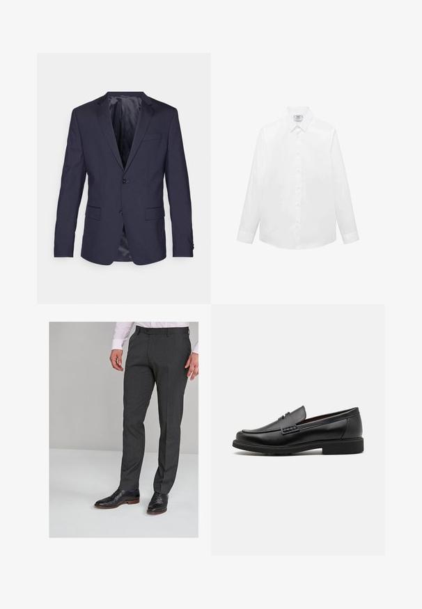 Marineblauwe colbert van gladde stof, met twee knopen, notch revers en twee voorzakken met een slank, op maat gemaakt ontwerp.; Witte langlopende shirt met lange mouwen, gemaakt van gladde stof, met een klassieke kraag, knoopsluiting en een gebogen zoom. Minimalistisch ontwerp zonder patronen.; Grijze op maat gemaakte broeken met een gladde textuur, voorzien van een vlakke voorkant en riemlussen, gecombineerd met zwarte dresschoenen.; Zwarte synthetische loafers met een opvallende gestikte voorkant, gevoerde binnenzool en platte rubberen buitenzool; slank ontwerp met minimale details.