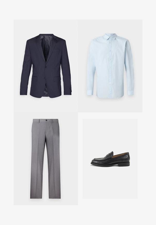 Tummansininen puku takki, joka on valmistettu sileästä kankaasta. Takissa on kaksi nappia, lovet kauluksessa sekä kaksi etutaskua, ja se on muotoiltu tyylikkäästi.; Vaaleansininen pitkähihainen paita, joka on valmistettu sileästä kankaasta. Paidassa on napitettava etuosa, normaali kaulus ja napilliset hihansuut.; Harmaat räätälöidyt housut, joissa on tasainen etuosa, kaksi sivutaskua ja yksi nappikiinnitys. Sileä pinta, jossa on hienovarainen pinstripe-kuvio.; Mustat nahkaloaferit, joissa on sileä pinta, pyöreä varvas ja koristeompeleet varpaansuojassa. Matala pinottu korko ja hieno kiilto.