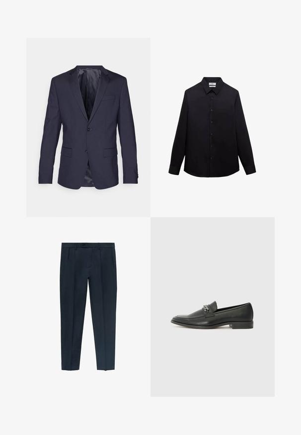 Navy plavi sako od glatke tkanine, s dva dugmeta, izrezanim okovratnikom i dva prednja džepa, s elegantnim, krojenim dizajnom.; Crna košulja dugih rukava s klasičnom ovratnikom, kopčanjem sprijeda i glatkom, laganom tkaninom. Nema vidljivih uzoraka ili akcenata.; Tamno plave krojene hlače ravnog kroja, s prednjim naborima i zatvaranjem na jedan gumb. Imaju bočne džepove i petlje za remen.; Crna kožna loafer cipela s glatkom finišem, s ušivenim uzorkom i dekorativnim metalnim lancem preko prednjeg dijela. Ravni potplat.