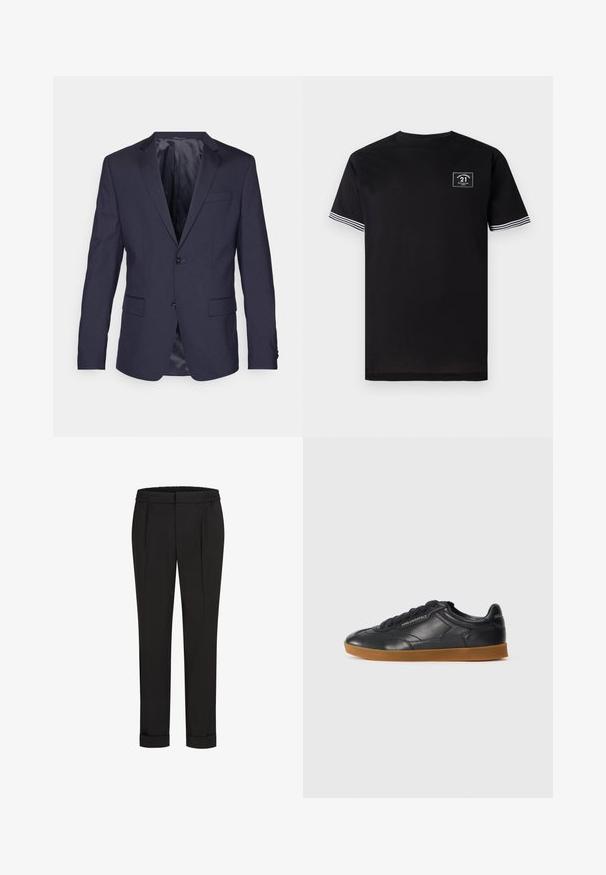 Jūras spēku zilas krāsas uzvalka žakete, izgatavota no gludas auduma, ar diviem podziņām, pātaga apkakli un divām priekšējām kabatām, ar elegantu, pielāgotu dizainu.; Melnas kokvilnas T-krekls ar apaļu kakla izgriezumu, īsām piedurknēm un baltām svītrām. Uz krūšu daļas ir kvadrātveida logotipa uzlīme.; Melni bikses ar elastīgu jostu, ar taisna piegriezuma dizainu un sarullētām piedurknēm. Izgatavotas no gluda, auduma bez rakstiem.; Melna ādas sporta kurpe ar noapaļotu purngalu, saistīšanas priekšpusi un kontrastējošu gumijas zoli. Satur izspiestu zīmolu malā un aizmugurē.