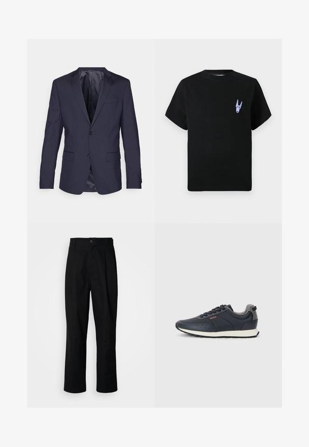 Giacca blu navy realizzata in tessuto liscio, con due bottoni, revers a punta e due tasche frontali, dal design elegante e sartoriale.; Maglietta nera in cotone a maniche corte, con un piccolo dettaglio grafico viola nella zona sinistra del petto. Design semplice e squadrato.; Pantaloni neri a gamba dritta con vita con bottoni, passanti per cintura e piega frontale, esposti su uno sfondo bianco semplice.; Sneakers blu navy con una parte superiore in sintetico liscio, punta arrotondata, accenti grigi, design con lacci e una suola intermedia bianca con suola esterna nera testurizzata.