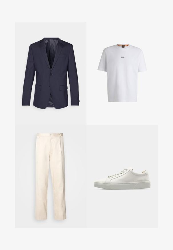 Sötétkék zakó sima anyagból, két gombbal, hajtókás gallérral és két elülső zsebbel, elegáns, testre szabott kialakítással.; Fehér pamut póló rövid ujjakkal, középen fekete "BOSS" logóval a mellkason és kerek nyakú kialakítással.; Beige pamut nadrág egyenes szárú kivágással, gombos záródással és elülső redőkkel a részletek fokozása érdekében.; Fehér bőrből készült sneaker, lekerekített orral, minimalista dizájnnal, szürke fűzőkkel és textúrázott szürke gumitalppal. Diszkrét varrási részletek láthatóak.