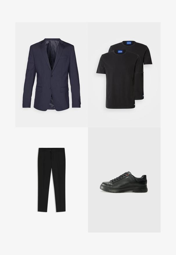 Navy blue suit jacket made of smooth fabric, featuring two buttons, notch lapels, and two front pockets with a sleek, tailored design.; Two black cotton T-shirts with round necklines, short sleeves, and blue "HUGO" labels on the collars and side hems.; Black trousers with a drawstring waist, pleated front, tapered legs, and smooth fabric texture. No additional patterns or details.; Black leather sneaker with textured upper, padded collar, and red logo detail. Features a thick rubber sole with distinct tread pattern.