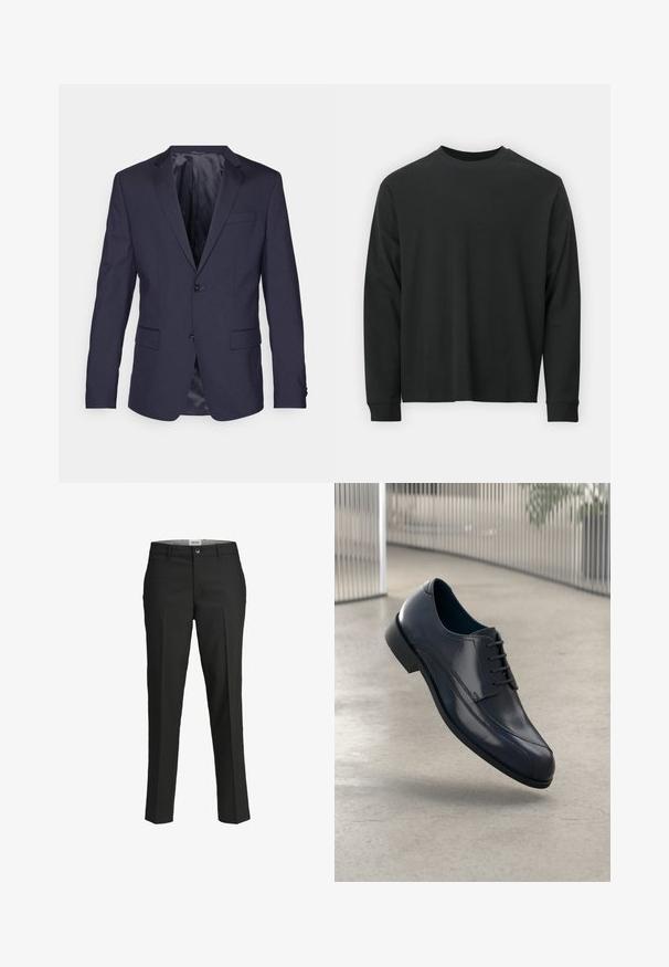 Tumesinine ülikonnajakk, mis on valmistatud siledast kangast, kahel nööbil, klapiga krae ja kahe esipo pocketiga, mis on disainitud sisu ja sobivusega.; Pika pikkade varrukatega must T-särk, mis on valmistatud puuvillast, ümarate kaelustega, lohvaka lõikega ja soonikute mansettidega. Sujuv tekstuur, ilma nähtavate mustriteta.; Mustad püksid, kohandatud lõige, sile kangas, keskmise kõrgusega vöökoht, ees nupuga sulgemine, diagonaalsed taskud ja voldid jalgade all.; Läike must nahkne king, millel on paelad, hõljuv siledate heledate halli põranda kohal ning taustal vertikaalsed metallist vardad.