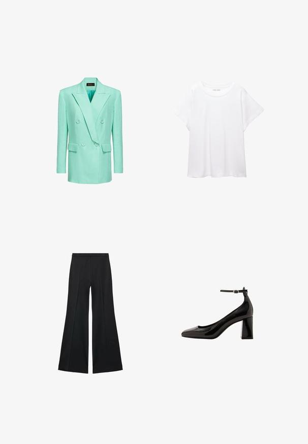 Dvojdobni blazer v mint zeleni barvi, izdelan iz lanenega materiala, z obročastimi reverji, dvema sprednjima žepoma in gumbi oblečenimi v blago.; Bela majica s kratkimi rukavi, izdelana iz mehkega in lahkega blaga. Ima okroglo ovratnico ter kratke, široke rokave z udobnim krojem. Brez vidnih vzorcev.; Črne široke hlače z gladko teksturo, ki imajo sprednje nabore in kroj po meri. Tkanina je lahka in zračna.; Črne lakaste čevlje z ankel trakom, sijajne površine, s koničastim nosom in debelim blok peto. Gladka tekstura, minimalni detajli.