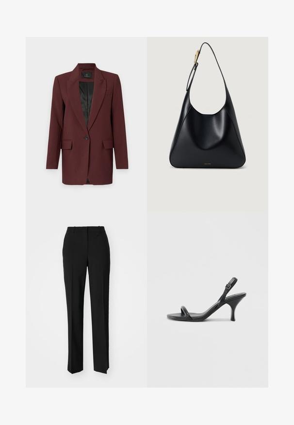 Bruuns Bazaar CINDYSUS - Blazer - sassafras; T-shirt bianco in cotone con maniche corte, scollo rotondo e un sottile logo in rilievo di Calvin Klein sul davanti. Tessuto liscio, vestibilità classica.; Pantaloni neri su misura con un design a gamba dritta, caratterizzati da una texture liscia e pieghe ben definite sul davanti. Senza hardware visibile.; Sandali con tacco alto in pelle nera, con tacco sottile e curvo e design a fascia incrociata. Cinghia alla caviglia regolabile. Texture liscia.; Borsa a spalla in pelle nera con texture liscia, silhouette curva e dettagli in oro. Presenta il logo del brand impresso nella parte inferiore.