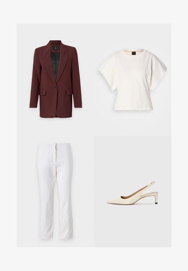 Bruuns Bazaar CINDYSUS - Sacou - sassafras; Tricou alb scurt, cu mâneci scurte și largi, din bumbac moale, cu decolteu rotund și un finisaj subtil portocaliu, design minimalist, fără modele sau grafice.; Pantaloni din bumbac alb, cu un design drept, având talie medie și fără hardware sau modele vizibile. Textură uniformă pe întreaga suprafață.; Sandal cu vârful ascuțit, tip slingback, din piele albă, cu toc jos și design decupat, având o textură fină și accente minime.