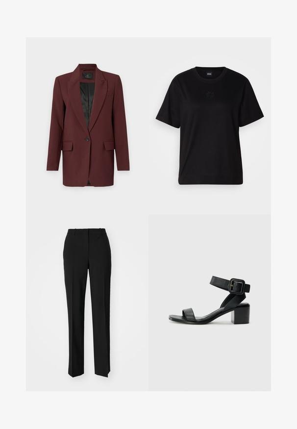 Bruuns Bazaar CINDYSUS - Bleizeris - sassafras; Juodas medvilninis marškinėliai su apvalia iškirpte, trumpomis rankovėmis ir siuvinėjimu ant krūtinės. Paprastas, laisvas siluetas be raštų.; Juodi pritaikyti kelnių modeliai su tiesiomis kojomis, pasižyminčios lygiomis tekstūromis ir ryškiomis klostėmis priekyje. Nėra matomų detalių.; Juodas odinis su aukštu kulnu sandalų modelis su reguliuojamu kulkšnies dirželiu, atvirais pirštais ir kvadratiniu bloku kulnu. Lygus paviršius, minimalizmo stilius.