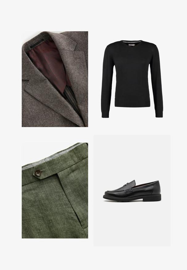 Grå texturerad blazer med fickkrage, med ett marsalafärgat mönstrat foder. Synliga sömmar och en inre ficka på vänster sida.; Svart, tajt V-ringad tröja med långa ärmar. Gjord av mjukt stickat tyg, med ribbade ärmslut och midja. Minimalistisk design.; Vit bomulls t-shirt med rund halsringning, bärs tillsammans med marinblå veckade byxor och ett brunt läderbälte med en gyllene spänne.; Olivgröna linbyxor med en frontveck, med en knappstängning och en kontrasterande rutigt foder i midjebandet.; Svart syntetiska loafers med en framträdande söm på framsidan, vadderad sula och platt gummiyttersula; elegant design med minimalt detaljerad.