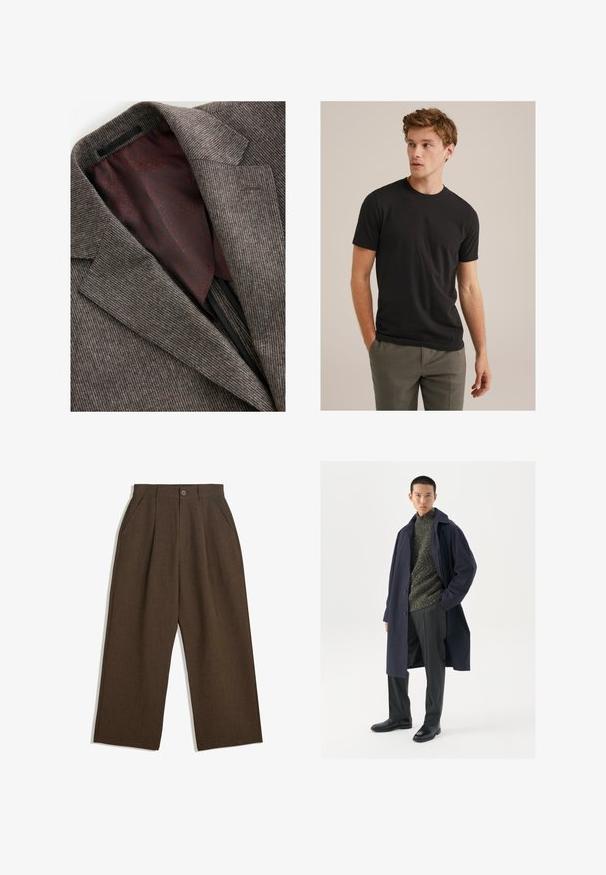 Blazer grigio texturizzato con colletto a revers, dotato di una fodera a motivo bordeaux. Cuciture visibili e tasca interna sul lato sinistro.; Giovane uomo con capelli ricci di castano chiaro che indossa una t-shirt nera a maniche corte e pantaloni grigi, che guarda verso sinistra con le mani nelle tasche.; Pantaloni a pieghe marroni con taglio a gamba larga, dotati di chiusura con bottone e tasche laterali, realizzati in tessuto testurizzato adatto per un abbigliamento casual.; Cappotto navy con chiusura a bottoni, maglione verde testurizzato, pantaloni neri e stivali in pelle nera. Tessuto liscio con silhouette strutturata.
