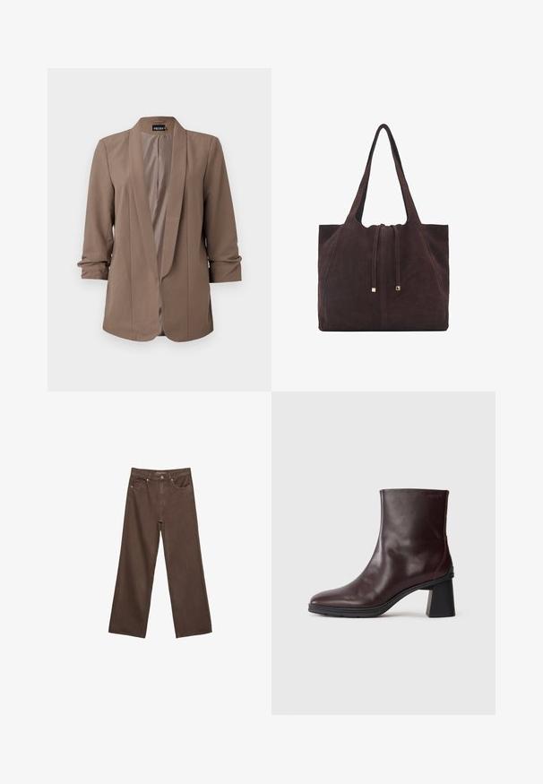 Brązowa, lekka marynarka z klapami i rękawami o długości 3/4. Gładka faktura, otwarty przód i dopasowany krój bez zapięcia.; Brązowa koszulka z krótkim rękawem, wykonana z miękkiej bawełny. Posiada okrągły dekolt i luźny krój, charakteryzuje się gładką fakturą i brakiem widocznych wzorów.; Szerokie brązowe dżinsy wykonane z denimu, z wysokim stanem, przednimi kieszeniami i klasycznym zapięciem na guzik. Gładka faktura z subtelnym przeszyciem.; Ciemnobrązowy skórzany botek sięgający kostki z blokowym obcasem i okrągłym noskiem, wyeksponowany na jednolitym jasnoszarym tle.; Mango - Torba na zakupy