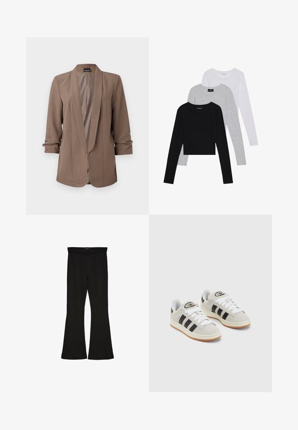 Blazer castanho, leve, com lapela com corte e mangas de três quartos. Textura suave, frente aberta e design ajustado sem fechos.; Três camisetas de manga longa empilhadas: preta, cinza e branca. Cada uma tem um decote redondo e um design cropped, feitas de um tecido leve e suave.; Leggings pretos em flare feitos de um tecido elástico. Apresentam uma cintura larga e uma textura suave, com um silhueta ajustada que se alarga na bainha.; Tênis de camurça cinza com atacadores brancos, riscas pretas e uma sola de borracha branca. Apresenta um logótipo circular na língua e uma sola de borracha.