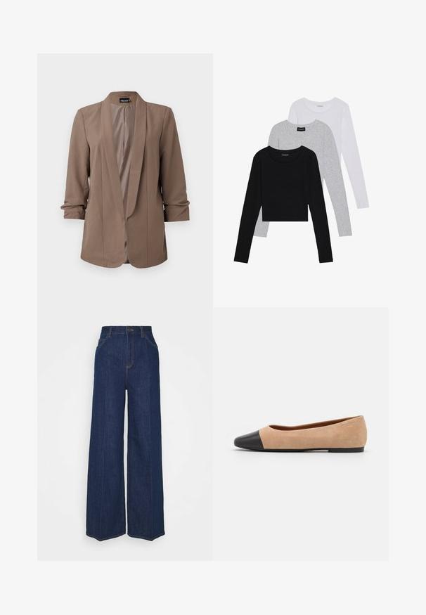 Blazer ușor, de culoare maronie, cu rever cu crestă și mâneci trei sferturi. Textură netedă, deschidere frontală și design ajustat fără închideri.; Trei bluze cu mânecă lungă așezate: neagră, gri și albă. Fiecare are un guler rotund și un design scurt, realizat dintr-un material fin și ușor.; Blugi din denim întunecat, cu talie înaltă și picioare largi, cu buzunare laterale și pe spate, închidere cu buton și detalii vizibile de cusătură.; Baletă din suede bej cu vârf rotund din piele neagră, toc jos și textură netedă, având cusături minime și un design curat.