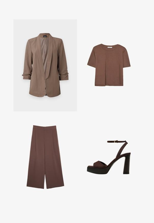 Hnedý, ľahký blazer s výstrihom do "V" a tromi štvrtinovými rukávmi. Hladká textúra, otvorený predný díl a strih s presne prispôsobeným dizajnom bez zapínania.; Hnedé tričko s krátkym rukávom vyrobené z jemného materiálu, s okrúhlym výstrihom a voľným strihom. Žiadne viditeľné vzory ani akcenty.; Hnedé nohavice so širokými nohavicami a hladkou textúrou, s vysokým pásom a prednými skladmi. Tkanina je ľahká a voľne sa pohybuje.; Hnedé semišové sandále na vysokom podpätku s otvorenou špičkou, nastaviteľným členkovým remienkom a pruhovanou platformovou podrážkou.