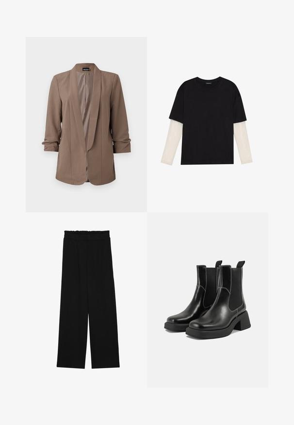 Ruskea, kevyt bleiseri, jossa on viistot kaulukset ja kolme neljäsosaa hihat. Tasainen pinta, avoin etuosa ja tyylikäs muotoilu ilman sulkimia.; Mustapaita, joka on valmistettu puuvillasta ja jossa on lyhyet hihat valkoisen pitkähihasen kerroksen päällä, jossa on hienovarainen teksturoitu kuvio. Pyöreä kaula-aukko.; Musta leveälahkeinen housut, joissa on röyhelövyötärö, kaksi sivutaskua ja sileä, kevyt kangas. Ei näkyviä kuvioita tai metalliosia.; Mustat nahkaiset Chelsea-kengät paksulla korolla, joustavilla sivupaneeleilla ja kontrastilla valkoisella ompelulla. Teksturoitu pinta.