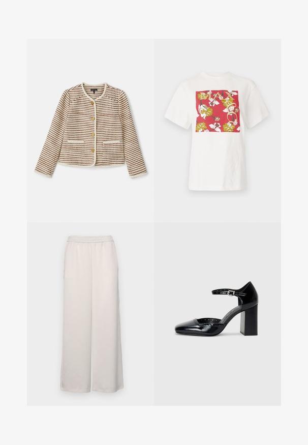rag & bone MIRABELLE beżowy; Biała bawełniana koszulka z krótkim rękawem, z luźnym krojem, z czerwoną prostokątną grafiką z kwiatowymi wzorami i słowem "MAX" w złotym napisie.; Jasno beżowe spodnie typu wide leg z elastycznym pasem. Gładki materiał, o pełnej długości, bez widocznych ozdób czy wzorów.; Czarne lakierowane szpilki z kwadratowym noskiem, paskiem na kostkę i masywnym obcasem. Zawierają perforowane detale na krawędzi.