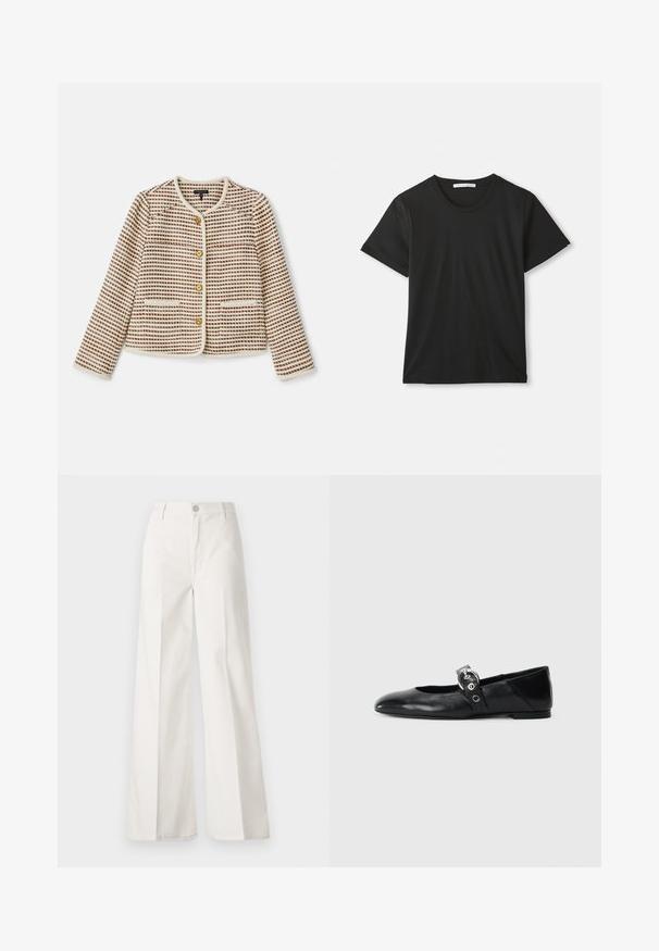 rag & bone MIRABELLE JACKET - Blazer - ivory; T-shirt noir à manches courtes avec un col rond et un tissu en coton doux. Design simple sans motifs ni logos, offrant une coupe classique.; Pantalons blancs à jambes larges en coton avec une texture douce. Comprend un bouton à l'avant, une fermeture éclair et un design à quatre poches.; Ballerines en cuir noir avec un bout pointu, dotées d'une sangle avec une boucle métallique circulaire et d'une semelle plate.