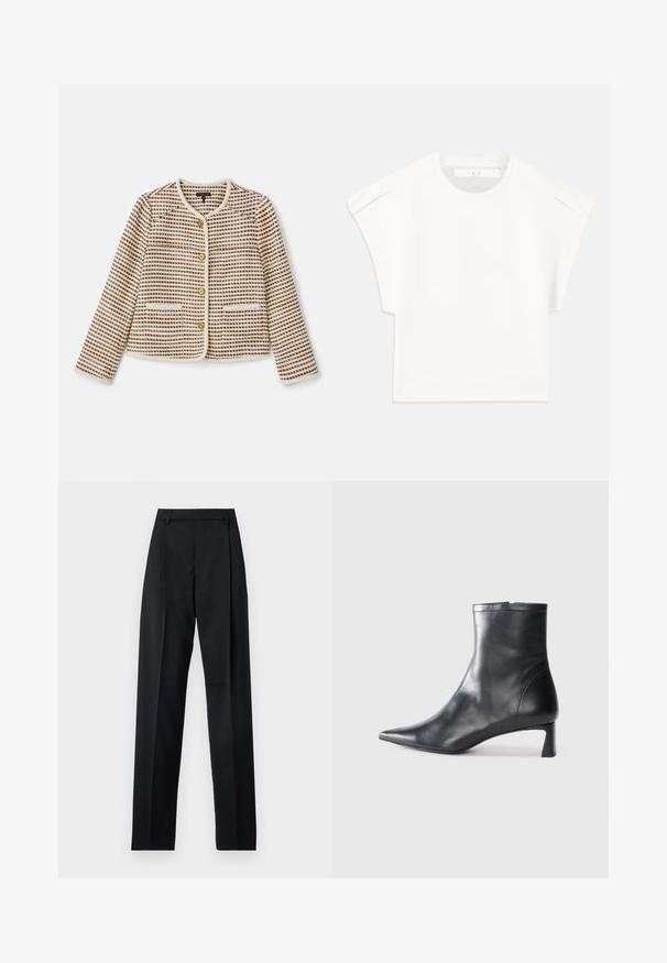 rag & bone MIRABELLE JACKET - Blazer - ivory; Weißes, kastig geschnittenes T-Shirt mit kurzen Ärmeln. Hergestellt aus glattem Stoff, mit Rundhalsausschnitt und dezenten Schulterakzenten. Einfaches Design.; Schwarze Hosen aus glattem Stoff mit hoher Taille, weitem Bein, vorderen Falten und klassischen Gürtelschlaufen. Keine sichtbaren Seitentaschen.; Schwarze Lederstiefelette mit spitzer Zehe und schlankem Design. Verfügt über einen niedrigen Absatz und einen Reißverschluss hinten. Glatte Textur.