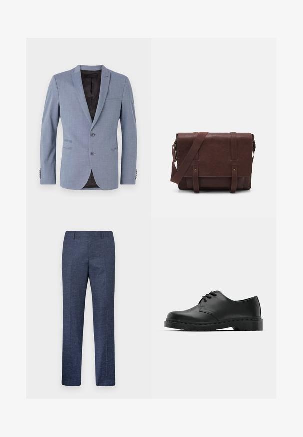 Blazer azzurro chiaro realizzato in tessuto strutturato, con due bottoni, collo a dente di cane, tasche laterali e foderato in nero.; Camicia bianca a maniche lunghe realizzata in tessuto morbido, con chiusura a bottoni sul davanti, colletto a punta e orlo curvato. Accentata da un bottone di marca distintivo.; Pantaloni blu navy realizzati in un tessuto texturizzato, con gamba dritta, davanti piatto e due tasche laterali. Nessun motivo o dettaglio visibile.; Scarpa oxford in pelle nera con design con lacci, punta arrotondata, suola piatta in gomma e dettagli di cucitura discreti lungo la parte superiore.; Borsa a tracolla in pelle marrone con un davanti piatto, due cinghie, dettagli in metallo dorato e una tracolla regolabile.