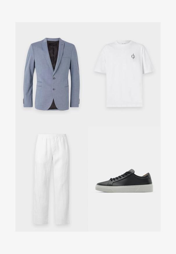 Light blue blazer made of textured fabric, featuring two buttons, notch lapels, side pockets, and a black interior lining.; White cotton t-shirt with a relaxed fit, featuring a small black graphic logo on the left chest area. Short sleeves, crew neck style.; White linen pants featuring an elastic waistband, straight-leg fit, and soft texture with no visible patterns or hardware details.; Black leather sneaker with a smooth texture, round toe, and black laces. Features a thick, white rubber sole with subtle geometric accents.