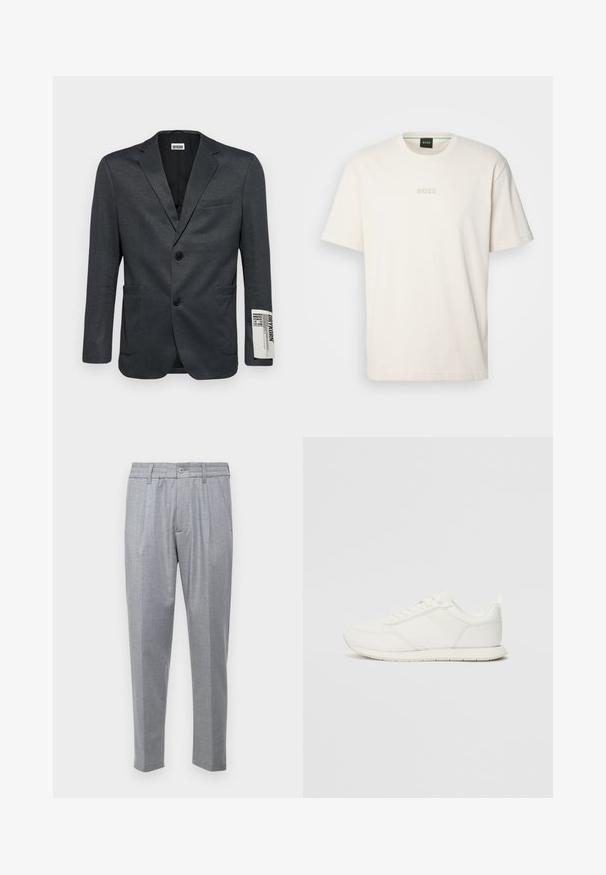 Donkergrijze blazer met twee voorzakken en een enkele knoopsluiting. Opmerkelijke tekstdetail op de mouw. Soepele textuur.; BOSS TEE - T-shirt basic - open white; Lichtgrijze broek van een textuurstof, met plooien, een klassieke tailleband en taps toelopende pijpen. Knopsluiting aan de voorkant.; Witte sneaker met een bovenwerk van mesh en synthetisch materiaal, ronde neus, platte veters en een getextureerde zijstrip. Rubberen zool met een lusje aan de achterkant.